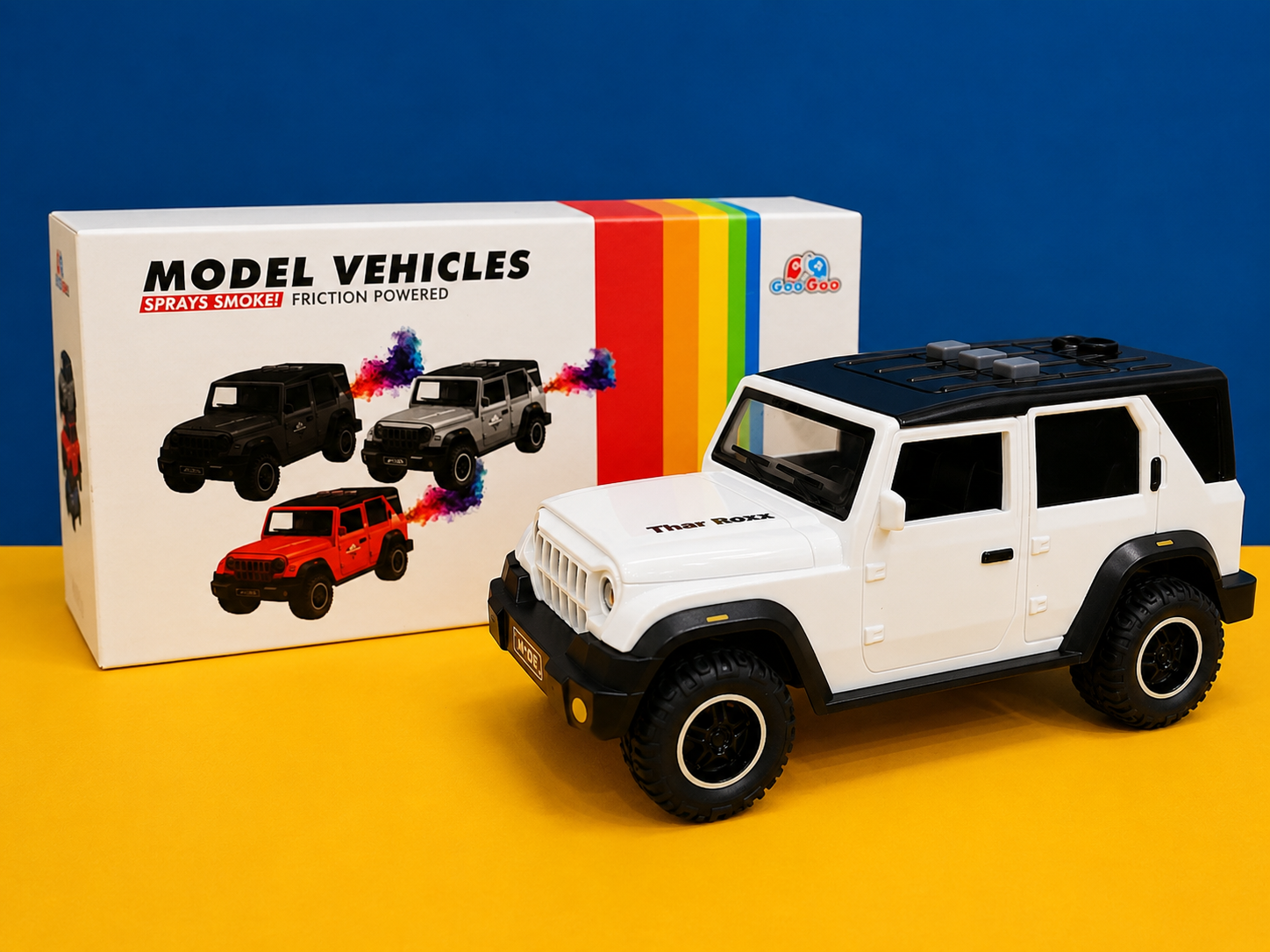 Thar Roxx Friction Powered SUV Toy Car, White, Smoke Spraying Model Vehicle